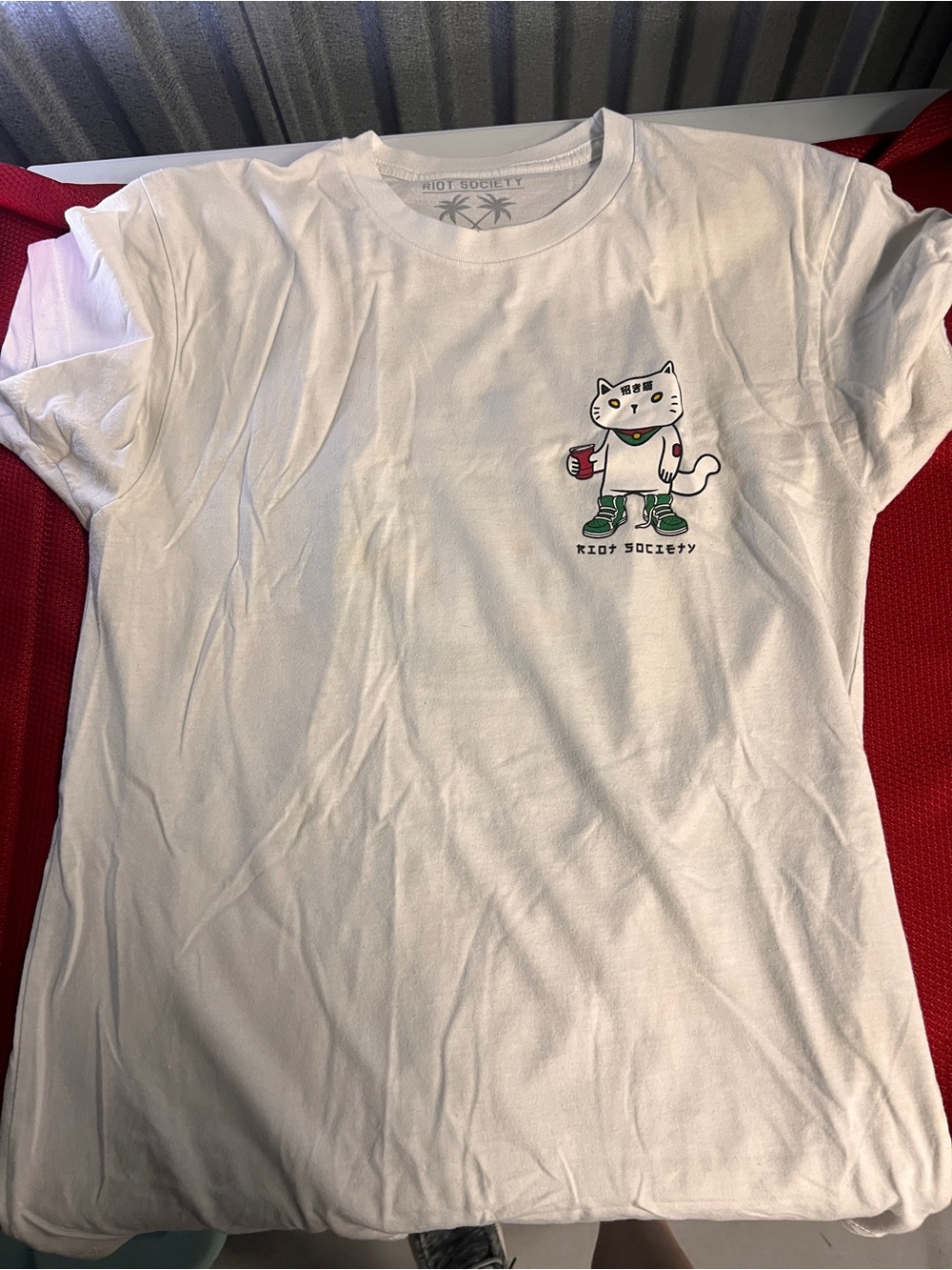 riot society White Tee with Cat Graphic - Green Shoes & Red Cup